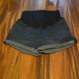 Maternity cross over panel midi jean shorts